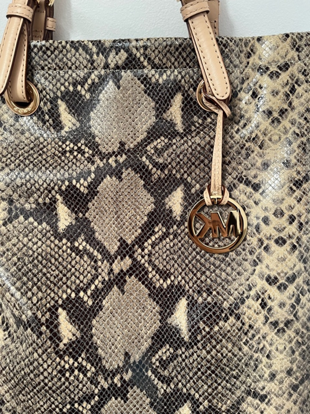 Michael Kors Snake-Print Leather Tote in Beige and Brown - Picture 2 of 7